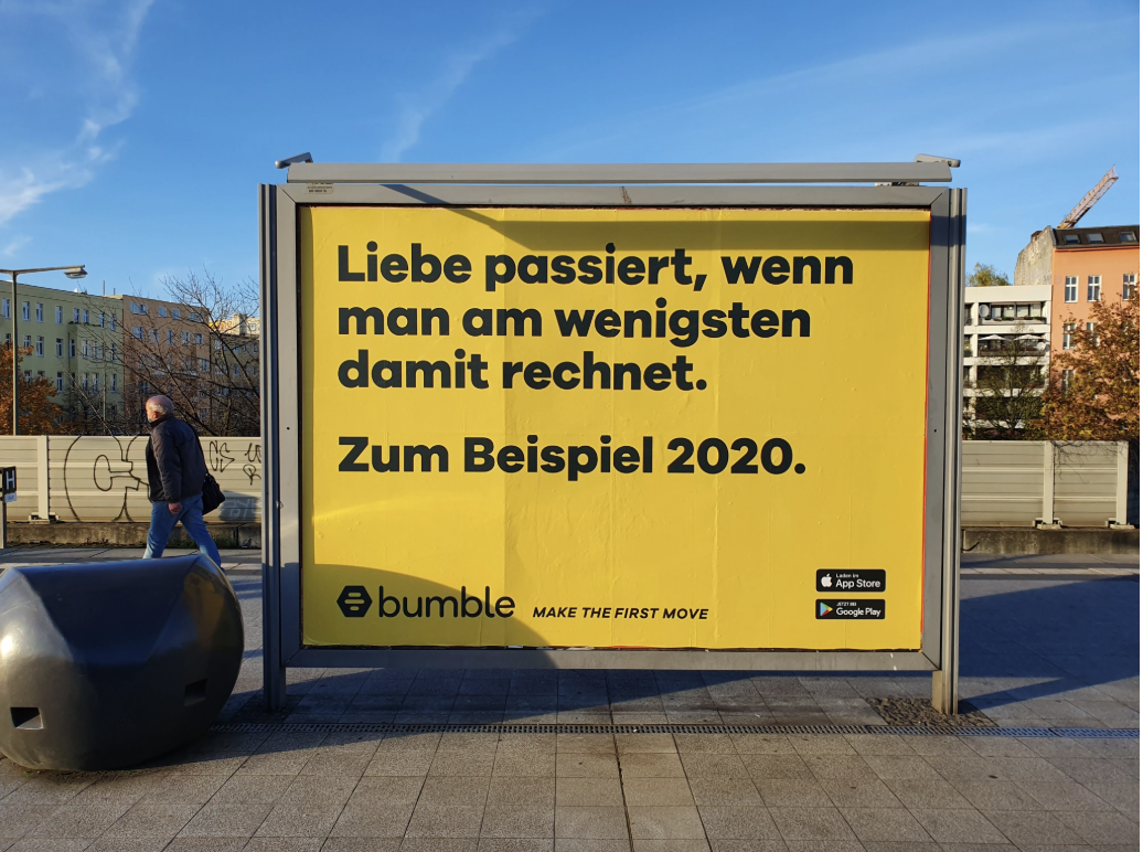Advertising billboard for dating app Bumble with German headline.  
