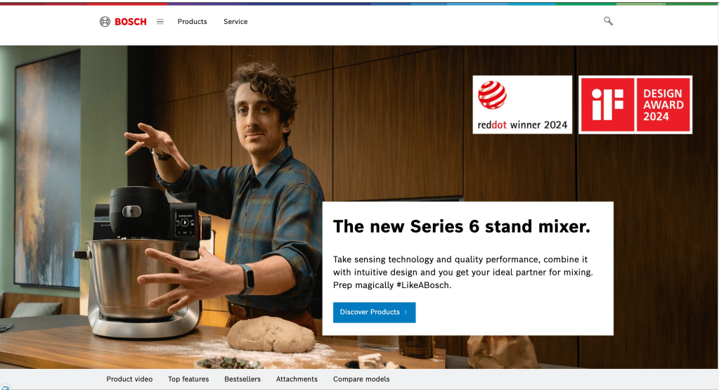 Bosch homepage showing man next to Series 6 stand mixer appliance placed on kitchen top.