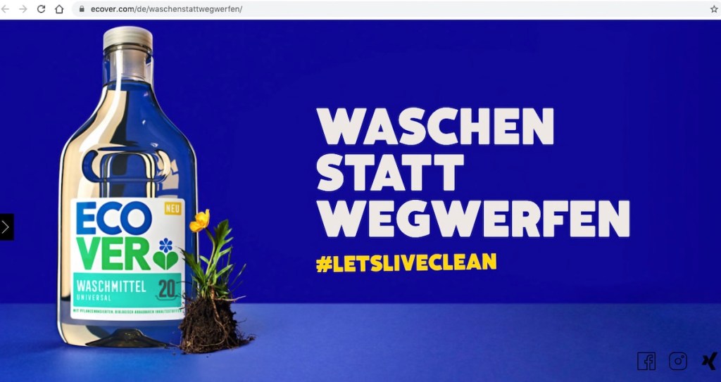 Advertising headline for Ecover laundry product with headline 'Waschen statt Wegwerfen' on blue background.